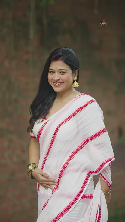 Aparna Red & White Premium Mul Cotton Saree For Women