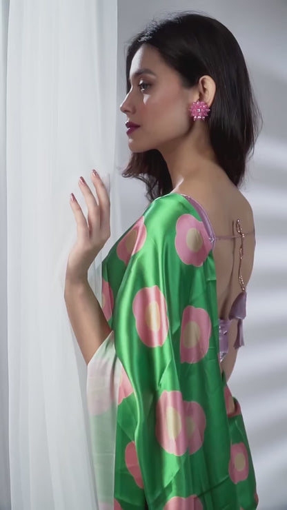 Aparna Green Satin Saree With Peach Colour Prints Saree For Women