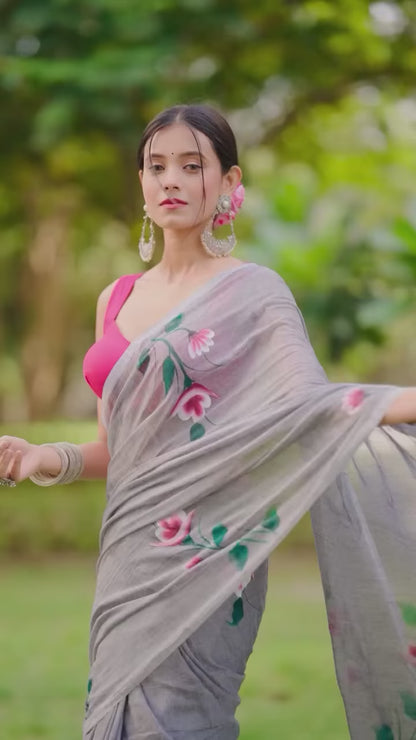 Aparna Floral Print Light Gray Mul Cotton Saree For Women
