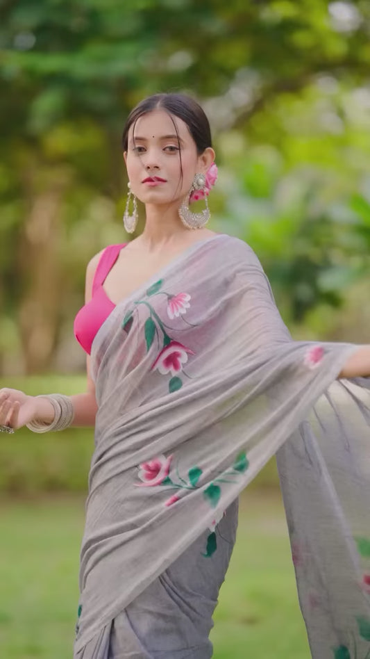 Aparna Floral Print Light Gray Mul Cotton Saree For Women