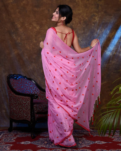 Aparna Baby Pink Embroidery Work Mul Cotton Premium Saree For Women