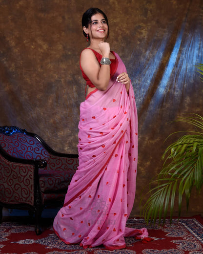 Aparna Baby Pink Embroidery Work Mul Cotton Premium Saree For Women