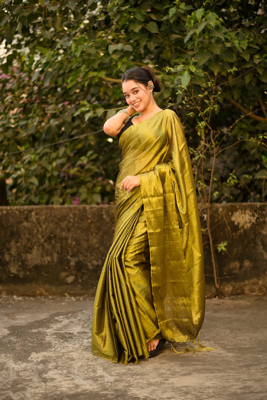 Aparna Green Golden Raga Tissue Dual Tone Saree With Unstitched Blouse Piece For Women